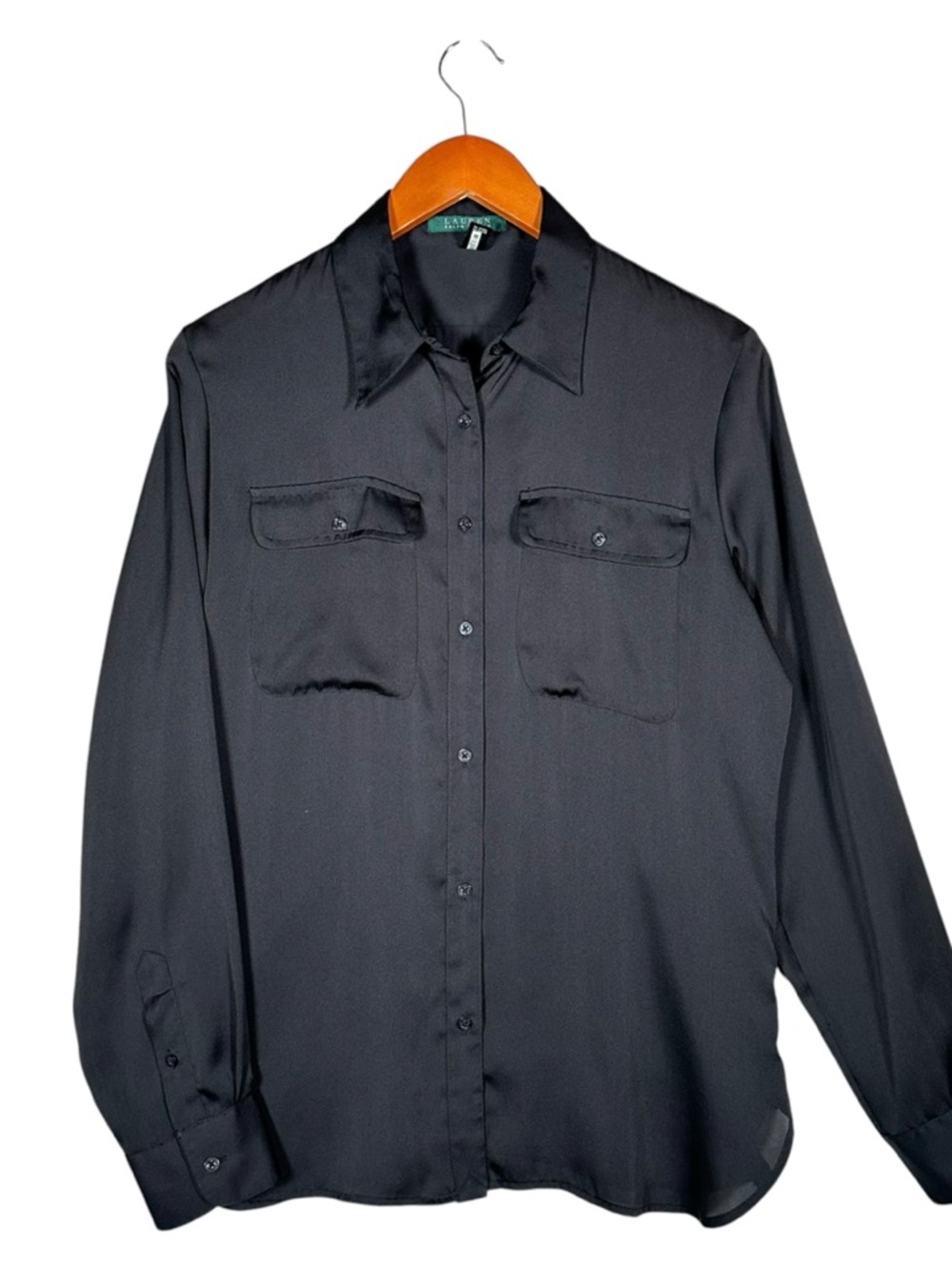 LAUREN RALPH LAUREN Minimalist Satin Long Sleeve Button Down Top in black